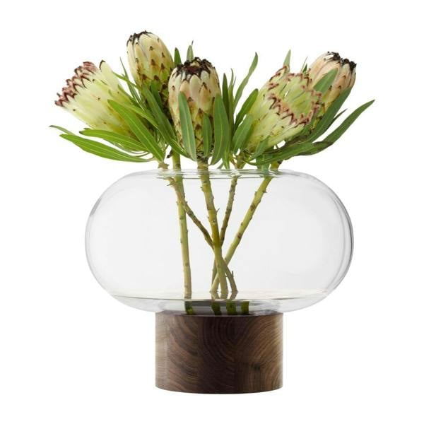 LSA Oblate Glass Vase Lantern 28cm with Walnut Base Clear