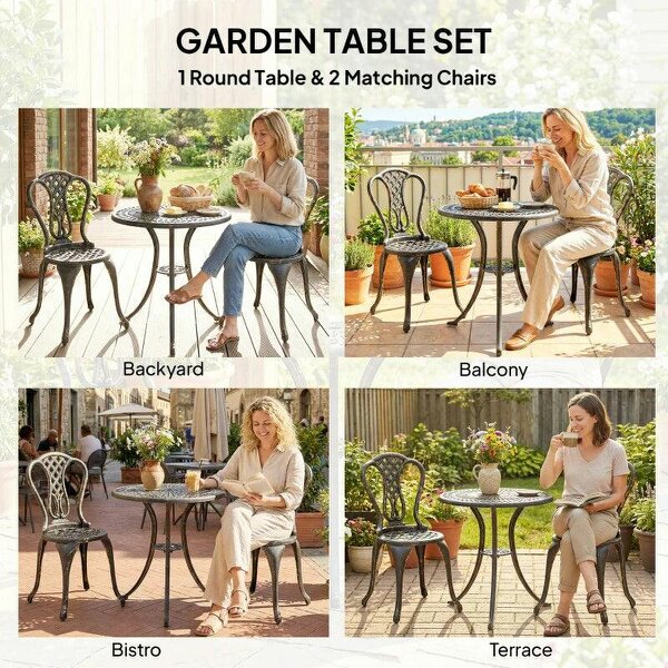 3 Piece Patio Cast Aluminium Bistro Set Garden Outdoor Furniture Table and Chairs Shabby Chic Style, Bronze Tone