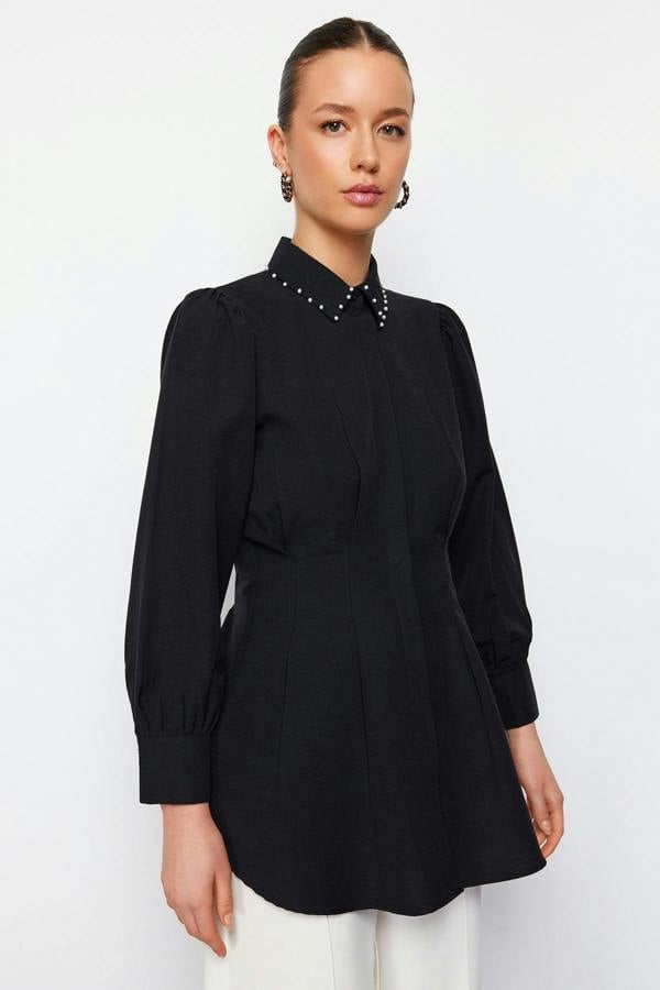 Pearl Detail Fitted Long Sleeve Shirt