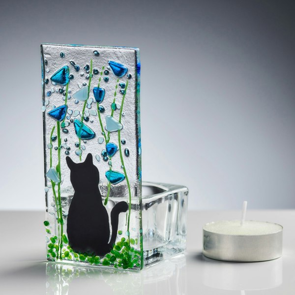 Handmade Fused Glass - Tea Light Holder - Cat - Forget Me Not