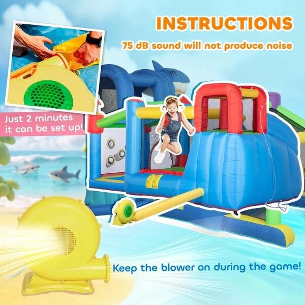 6 in 1 Kids Bouncy Castle, with Water Slide, Water Gun, Climbing Wall, Air Blower for Indoors/Outdoors, 3.9 x 3 x 2m