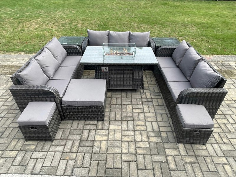 Fimous Rattan Outdoor Garden Furniture Set with Gas Fire Pit Table, 2 Side Tables, Corner Sofa & 3 Footstools - 12 Seater - Dark Grey