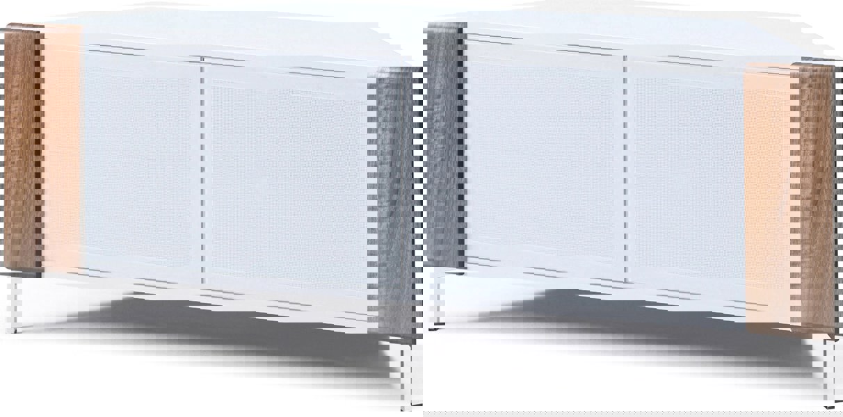 MDA Designs CORVUS Corner-Friendly Gloss White Contemporary Cabinet with Walnut Profiles White BeamThru Glass Doors for Flat Screen TVs up to 50"