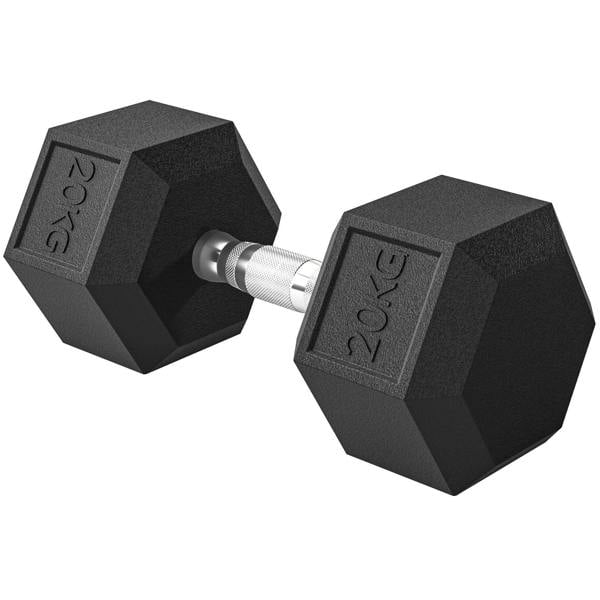 Black hex rubber dumbbell with 20 kg markings and chrome knurled handle