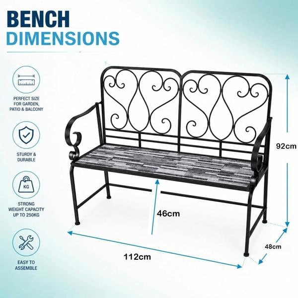Cascade Mosaic 2 Seater Garden Bench, 112cm Outdoor Patio Seat with Ceramic Tile Seat, Scrollwork Backrest & Metal Frame image 4