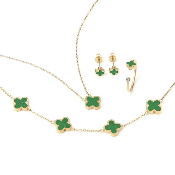 Say It With Green Crystal Clover 4-Piece Gift Set - Yellow Gold