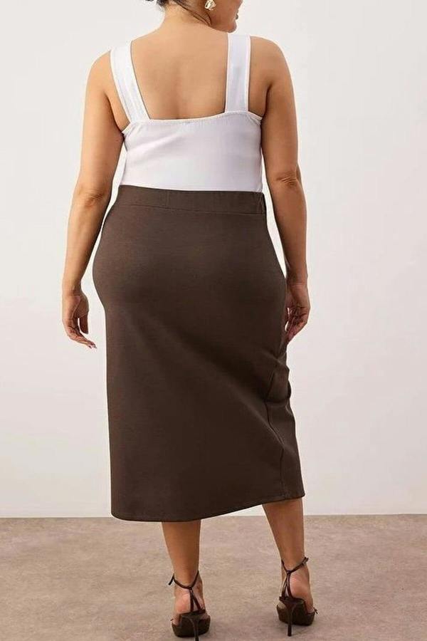 WOVCOR Slit Detail Knitted Stretch Fabric Plus Size Midi Skirt