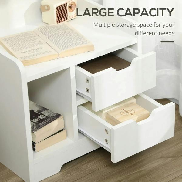 White bedside cabinet with open shelves and 2 drawers, storage compartments visible