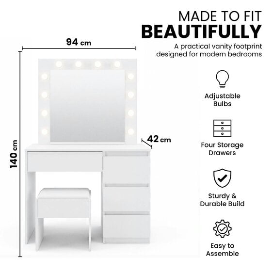 Kosy Koala Dressing Table Vanity Makeup Desk With LED Mirror And Stool 4 Drawers