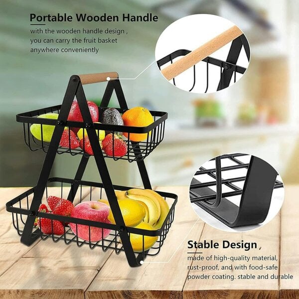 Dyzi 2 Tier Metal Fruit Vegetable Basket Detachable Storage Rack Black