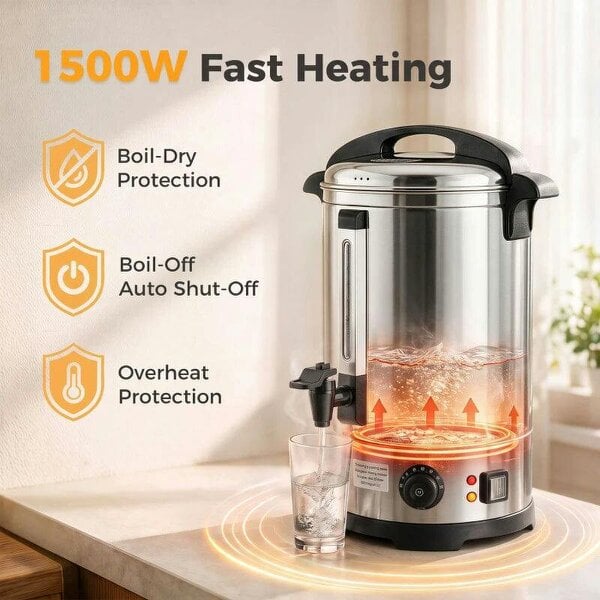 8L Catering Urn, 1500W Stainless Steel Hot Water Boiler Dispenser with Thermostat, Keep Warm Function & Easy Pour Tap