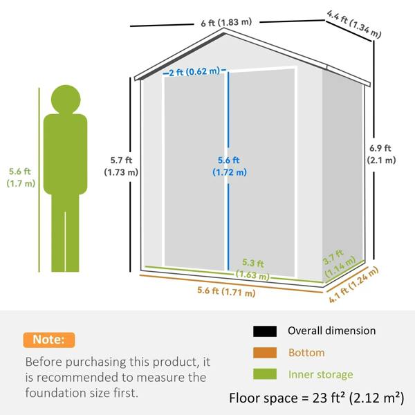 Garden storage shed size diagram showing roof pitch, doorway, and floor space