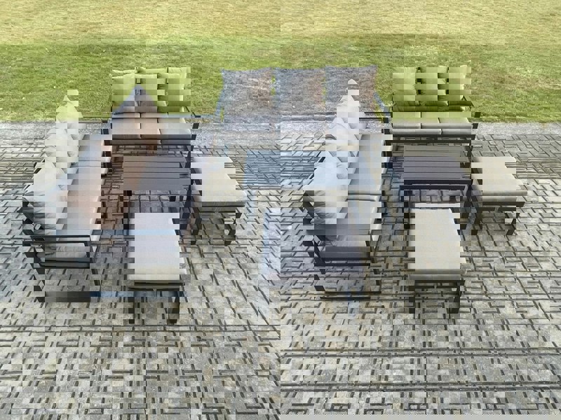 Fimous Aluminium Patio Outdoor Garden Furniture Lounge Sofa Set with Oblong Coffee Table 2 Big Footstools Dark Grey