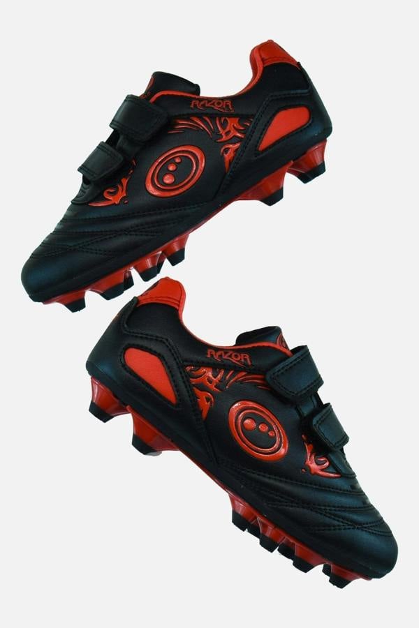Pair of black and red Optimum Razor junior moulded football boots on white - Optimum