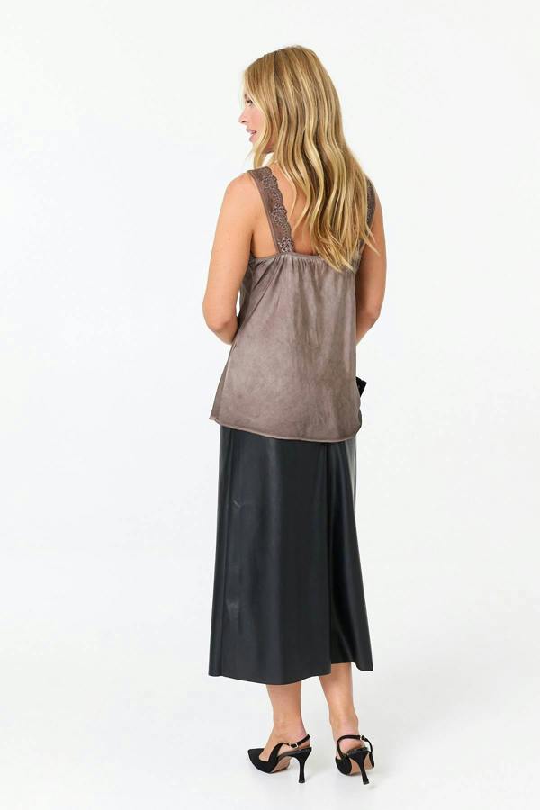 Brown | Lace Trim Satin Texture Vest Top