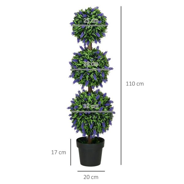 Artificial lavender ball tree, green foliage with purple blossoms, in black pot; 110 cm tall