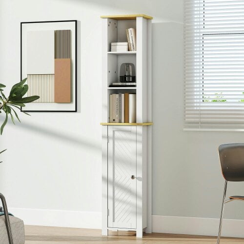 Wyld Haus Nifael Slim Bathroom Storage Cabinet With OFauxn Compartment And Adjustable Shelves White 34 x 23 x 165 cm