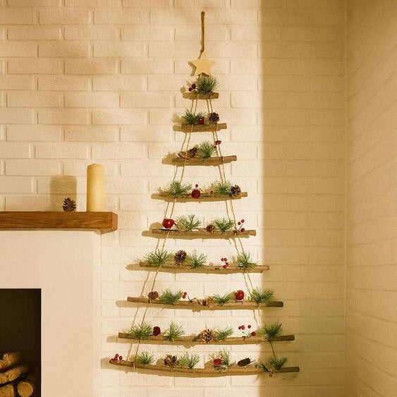 Neo Wooden Hanging Wall Xmas Christmas Tree Ladder Decoration Rustic Nordic Hygge Style with Pine Cones Red Berries Jute Rope Wall Mounted Décor