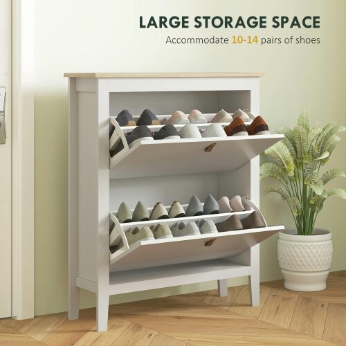 Wyld Haus Rimi Wooden White and Natural 2 Drawer Shoe Cabinet Faux Leather Handles