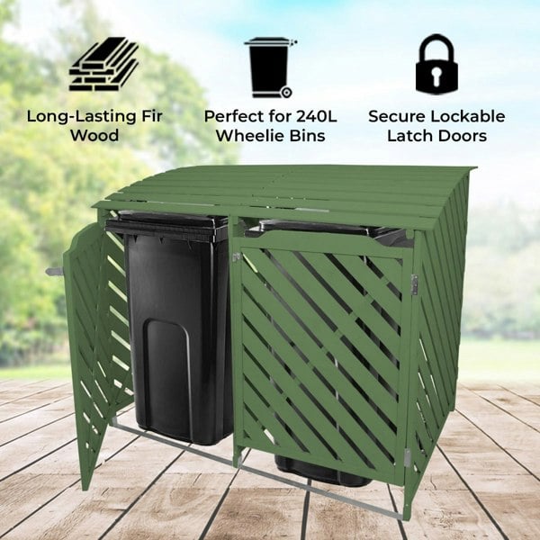 Monstershop Fir Wood Double Wheelie Bin Storage - Sage Green