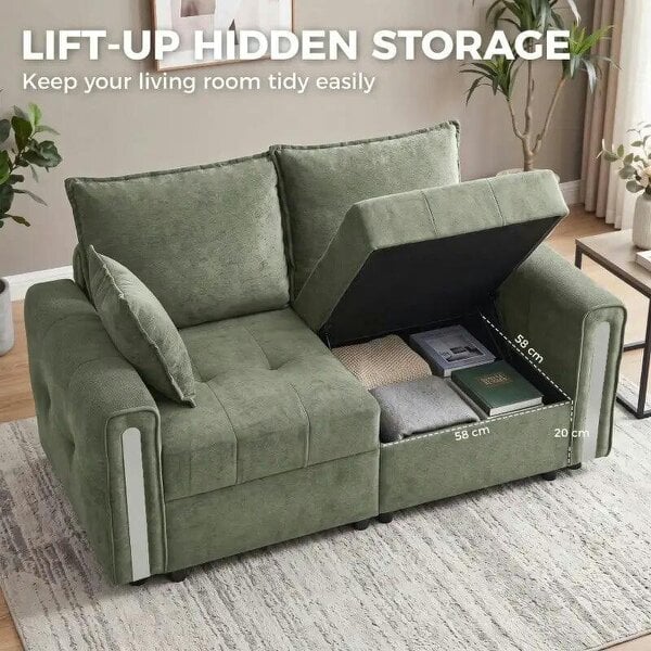 Bobobiy 2 Seater Sofa with Lift-Up Storage, 168 cm Comfy Velvet Small Couch with Wide Deep Seat, Plush Backrest, 2 Pillows, Dark Green