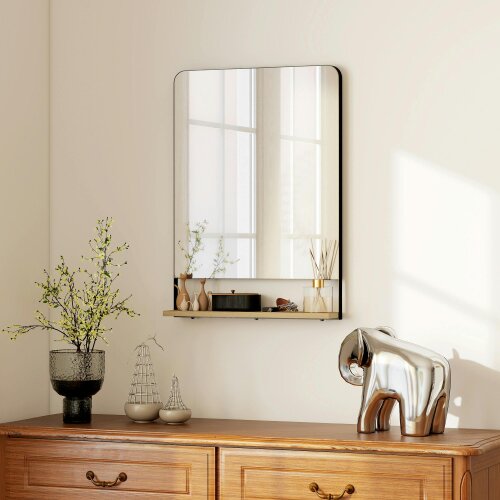 HOMCOM Decorative Mirror with Wood Shelf, Industrial Wall Mirror, Black - 70 x 50 x 10 cm