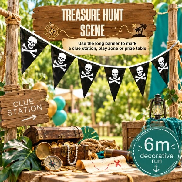 Shatchi 6m Pirate Bunting with Black Skull and Crossbones Pennants for Parties and Displays
