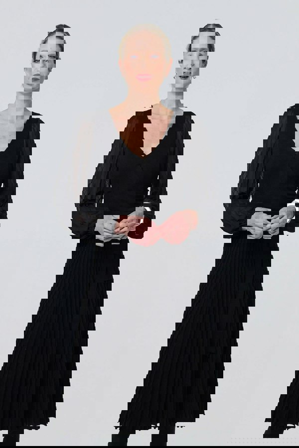 Black | Semi Sheer Pleated Knee length Dress
