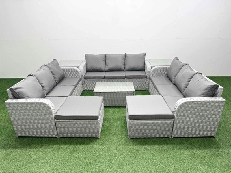 Fimous 11-Seater Light Grey PE Rattan Outdoor Lounge Set | Rectangular Coffee Table, 3-Seater Sofa, 2 Footstools, 2 Side Tables