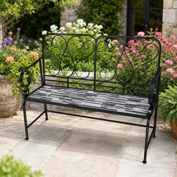 Cascade Mosaic 2 Seater Garden Bench, 112cm Outdoor Patio Seat with Ceramic Tile Seat, Scrollwork Backrest & Metal Frame image 3