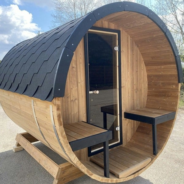 400cm Spruce Barrel Sauna | Thermowood | Terrace | Wood-Fired or Electric.