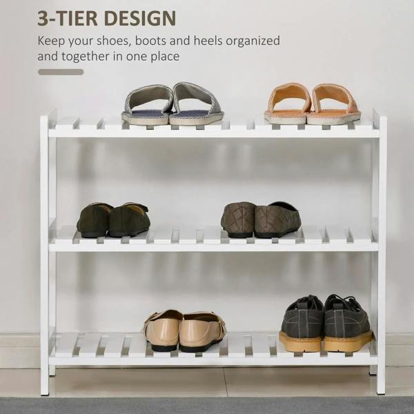 White 3-tier shoe rack displaying multiple pairs on open slatted shelves