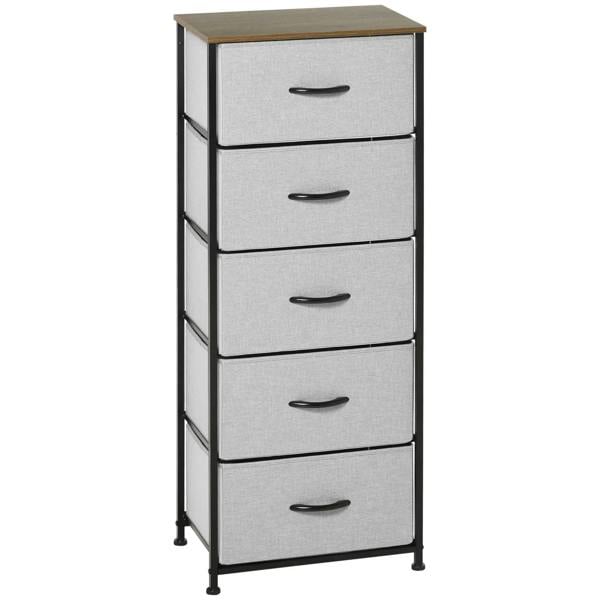 Grey fabric 5-drawer dresser with black steel frame and wooden top, curved metal handles