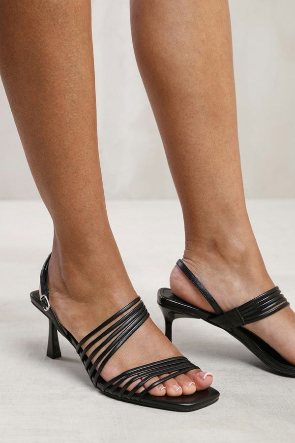 Where's That From Luisa Square Toe Low Block Slingback Heel With Multi Strap Detail in Black Faux Leather