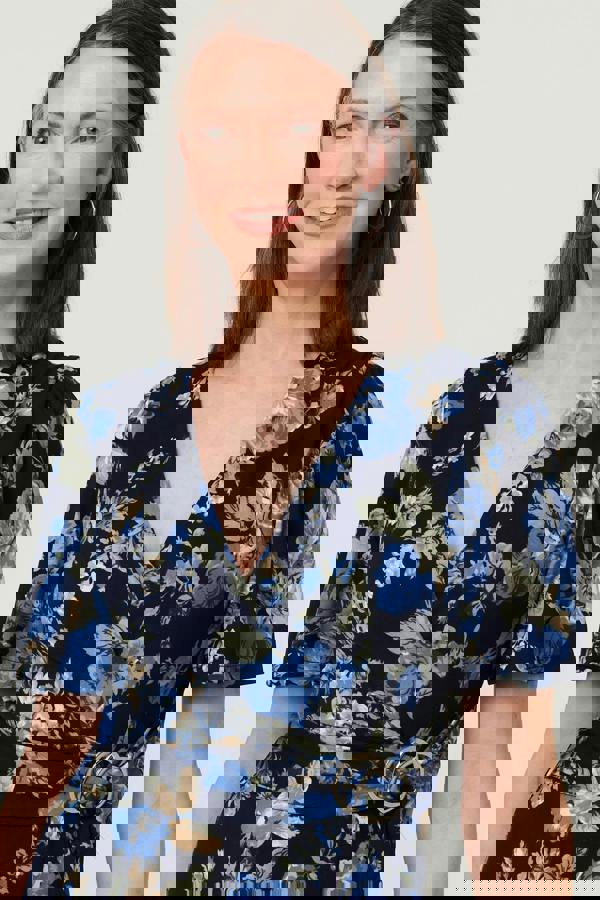 Navy | Floral Angel Sleeve Wrap Midi Dress