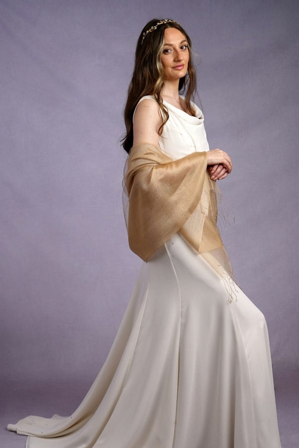 Antonia York Sophia Organza and Crepe Silk Viscose Soft Gold Tasselled Bridal Bridesmaid Special Occasion Wrap