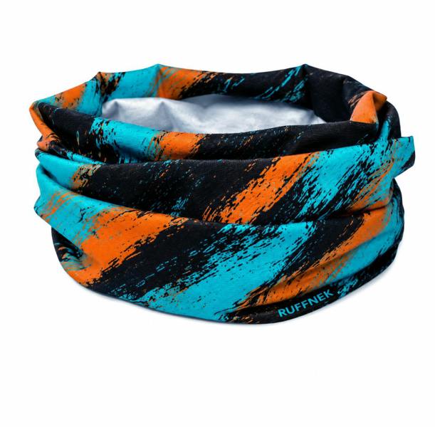 Festival Neck Gaiter Snood by RUFFNEK features a burst of turquoise, orange and black suited for both men and women. Photo shown scrunched up to show the fabric.