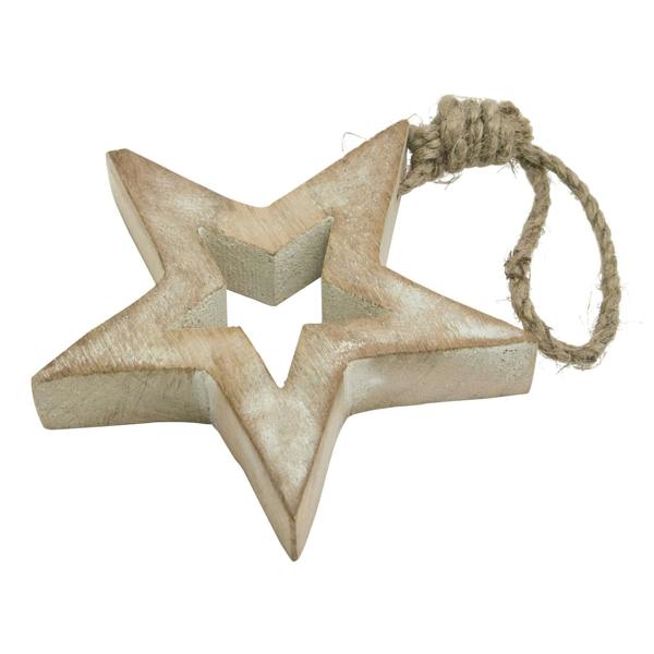 Hill Interiors Wooden Star Hanging Ornament - Brown/White - 