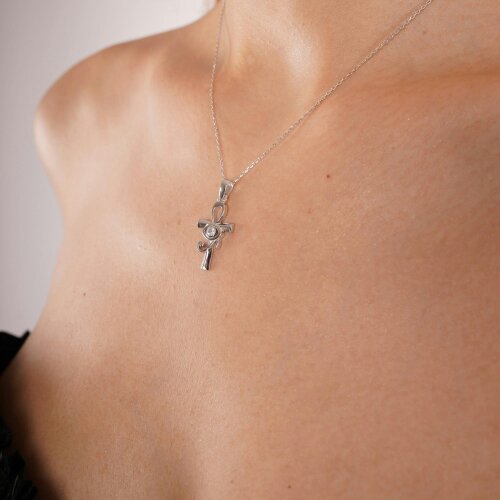 Spero London Sterling Silver Egyptian Ankh and White Eye Necklace