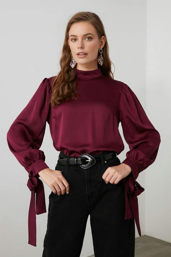 WOVCOR Satin Woven Blouse with Tie Detail