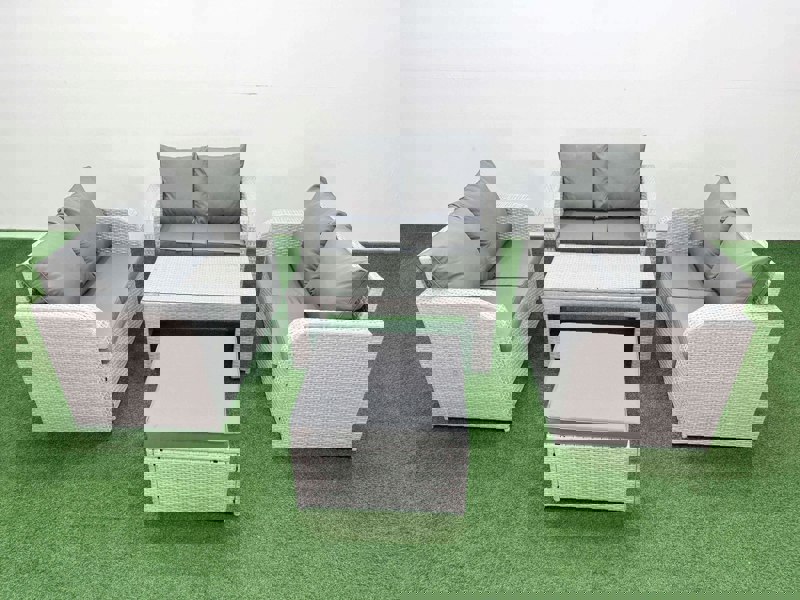 Fimous  7 Seater PE Wicker Rattan Furniture Sofa Sets with Oblong Coffee Table 2 Seater Love Sofa Big Footstool Light Grey