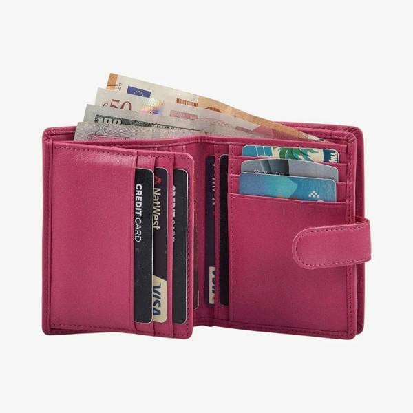 Real leather women's trifold wallet in pink with 13 card slots 