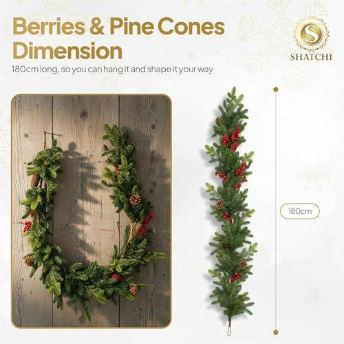 18cm Green Fir Garland with Berries and Pine Cones for Christmas Door and Home Decorating image 7