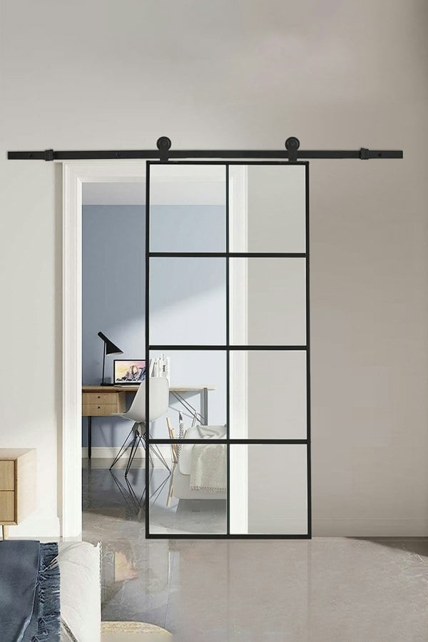 Living and Home Clear Glass Black Barn Door with Sliding Hardware Kit