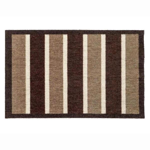 Striped rug with brown and beige vertical stripes on a white background