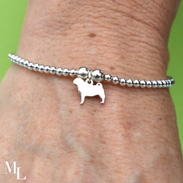 Pug Silhouette Silver Ball Bead Bracelet - Personalised - MYLEE London