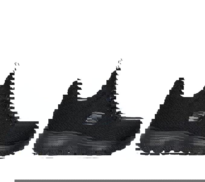 Skechers Summer Blush Womens Slip On Casual Sports Walking Trainers, black athletic slip-on shoe with breathable knit upper and cushioned sole.