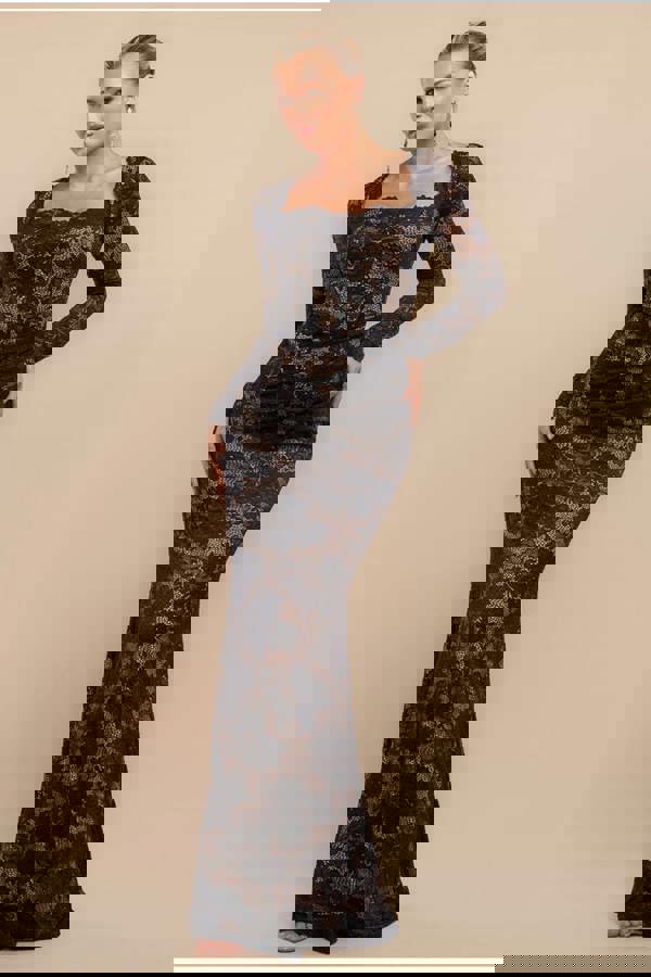 Scalloped Lace Corset Bodice Maxi Dress - Black DR4519