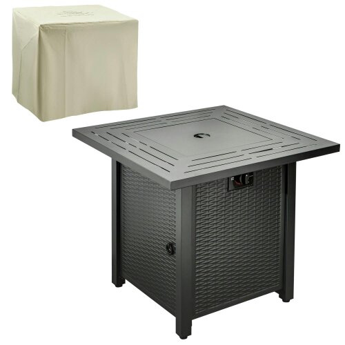 Wyld Haus Ellulo Rattan Black Square Propane Gas Fire Pit Table with Cover Glass Beads And Lid