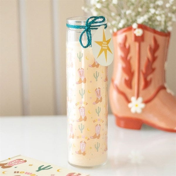 Serano Howdy Cowboy Boot Print Floral Tube Candle